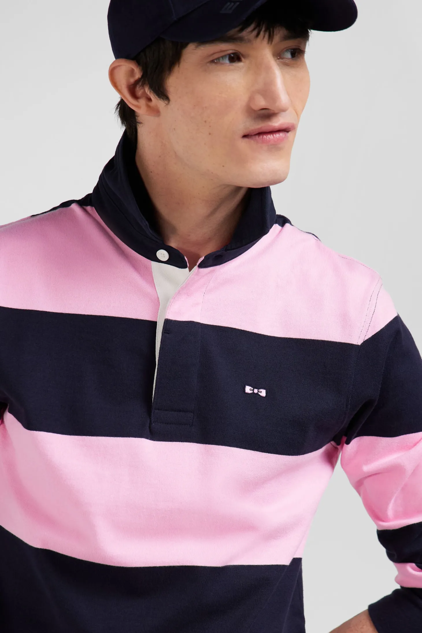 Regular navy blue and pink striped cotton rugby shirt with long sleeves