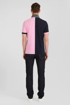 Regular navy blue and pink bicolor short-sleeved cotton piqué polo shirt
