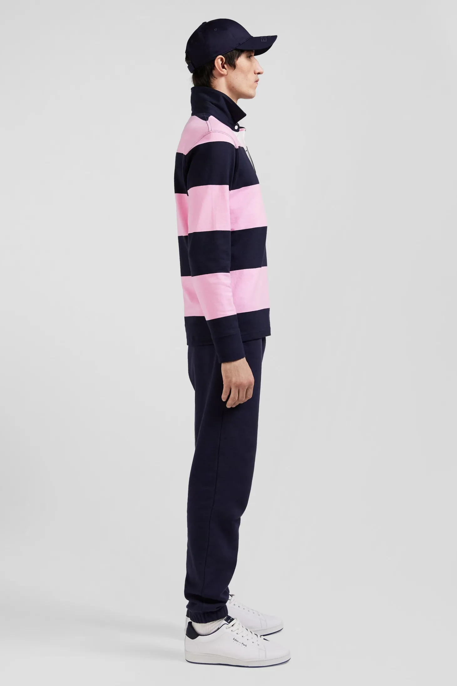 Regular navy blue and pink striped cotton rugby shirt with long sleeves