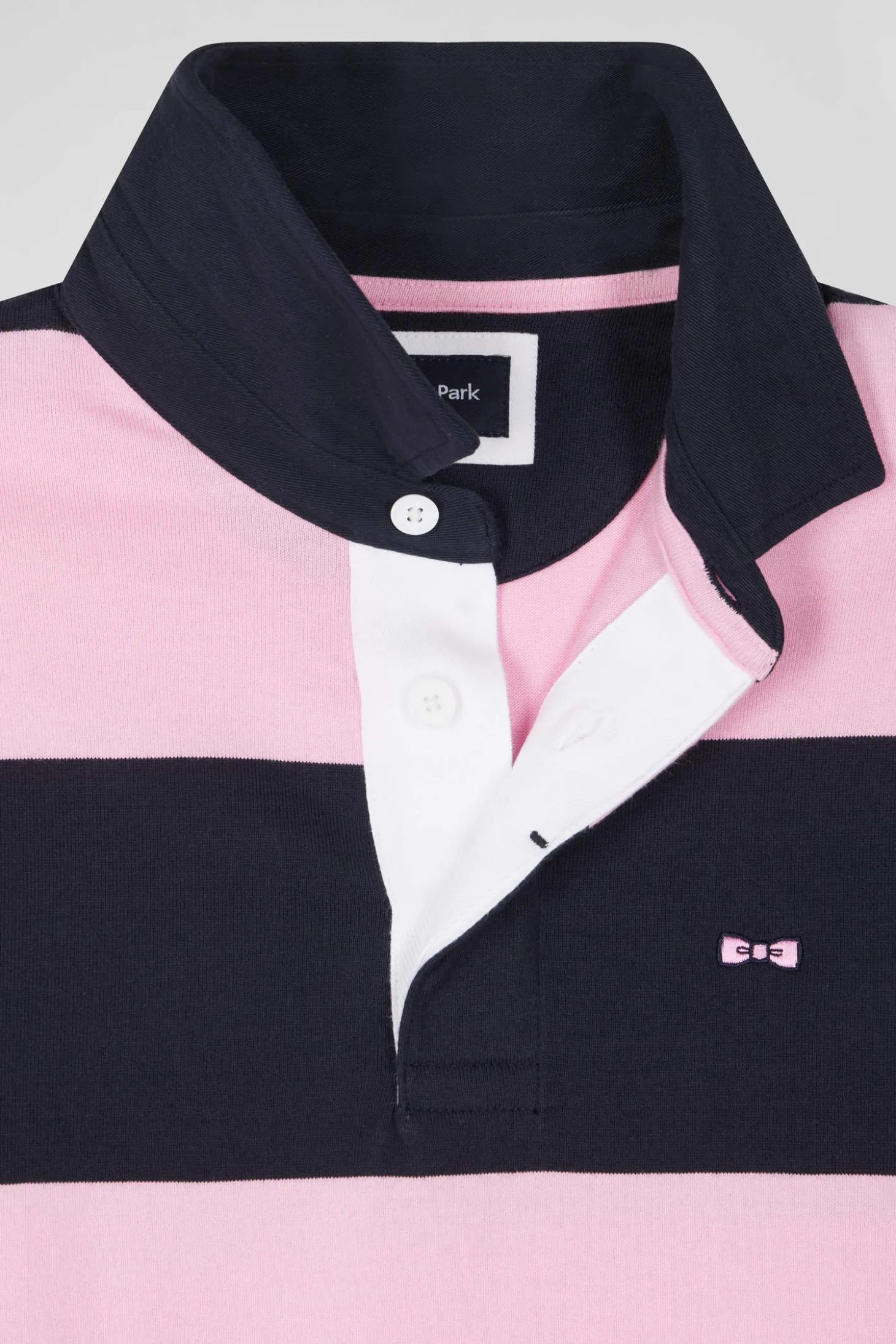 Regular navy blue and pink striped cotton rugby shirt with long sleeves