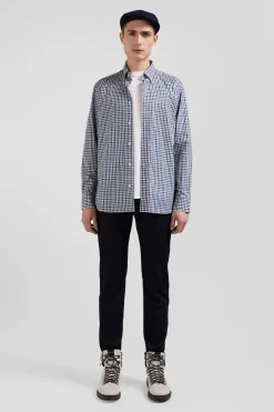 Regular navy blue and white checked cotton poplin shirt