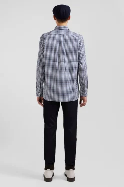 Regular navy blue and white checked cotton poplin shirt