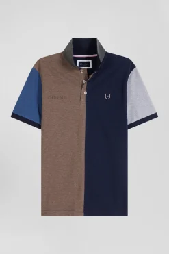 Regular navy blue colorblock short-sleeved cotton piqué polo shirt