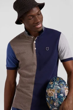 Regular navy blue colorblock short-sleeved cotton piqué polo shirt