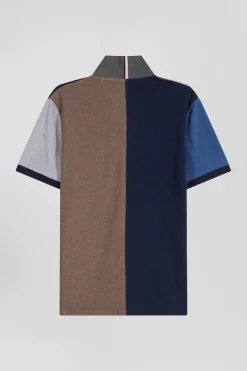 Regular navy blue colorblock short-sleeved cotton piqué polo shirt