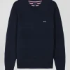 Regular navy blue cotton crew neck jumper with knit patterns
