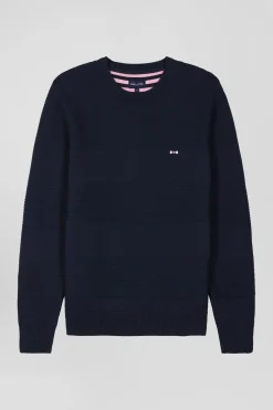 Regular navy blue cotton crew neck jumper with knit patterns