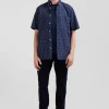 Regular navy blue cotton short-sleeved shirt with micro floral print