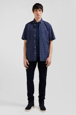 Regular navy blue cotton short-sleeved shirt with micro floral print