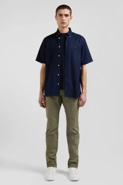 Regular navy blue cotton short-sleeved shirt with back embroidery