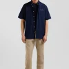 Regular navy blue cotton poplin short-sleeved shirt with microprint