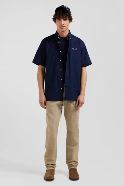 Regular navy blue cotton poplin short-sleeved shirt with microprint