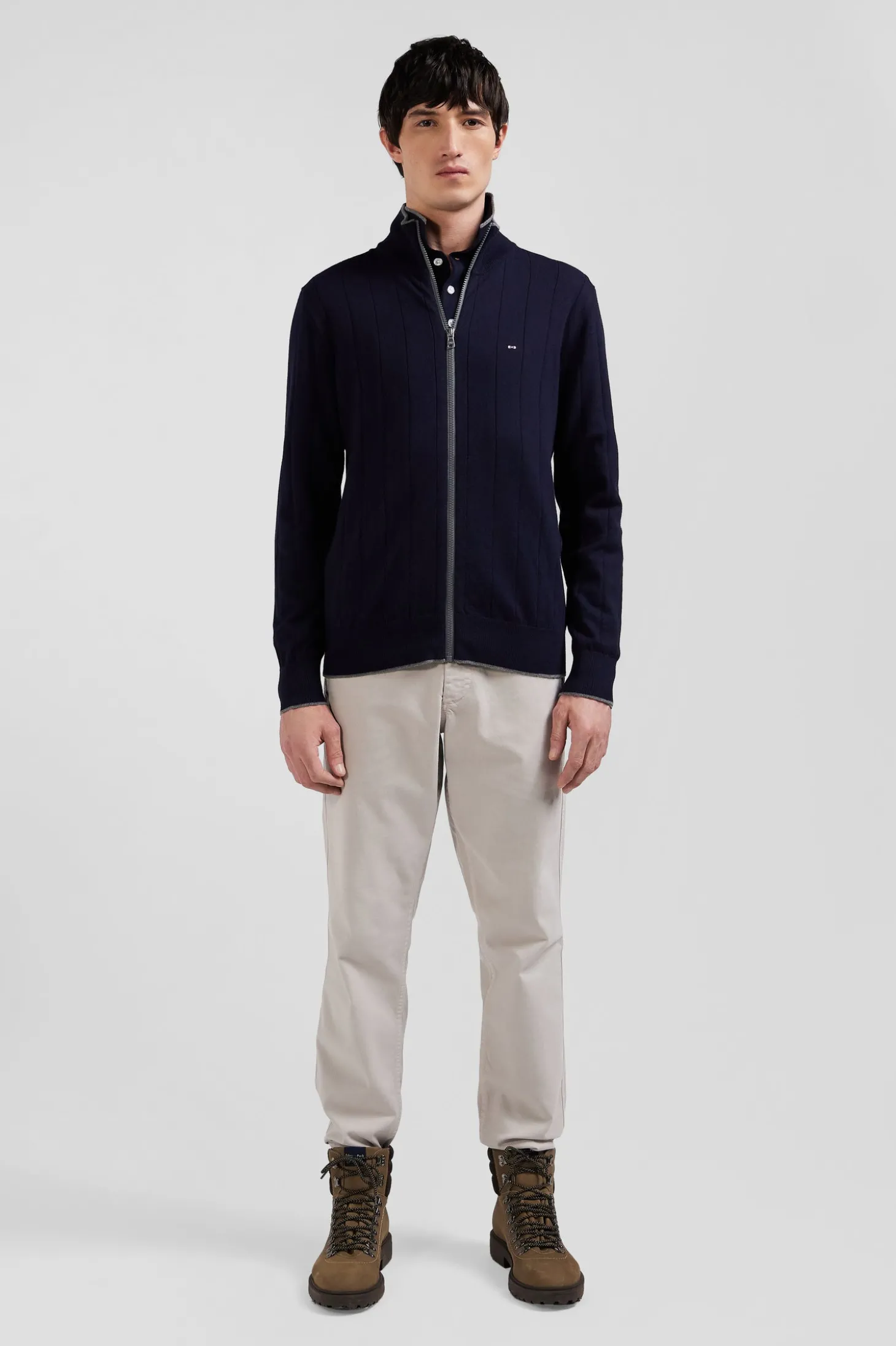 Regular navy blue cotton and cashmere zipped cardigan with vertical stripes