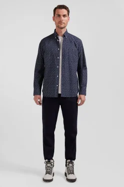 Regular navy blue cotton poplin shirt with micro bow tie print