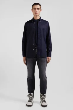 Regular navy blue cotton poplin shirt with button-down collar and printed elbow patches