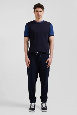 Regular navy blue cotton T-shirt with short contrasting sleeves