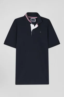 Regular navy blue cotton rugby shirt with striped undercollar