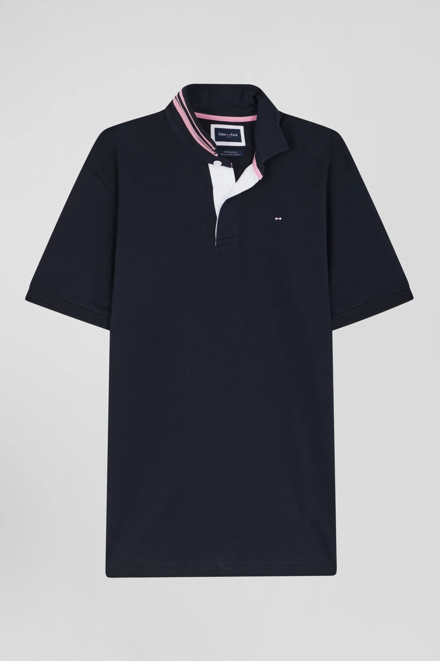 Regular navy blue cotton rugby shirt with striped undercollar