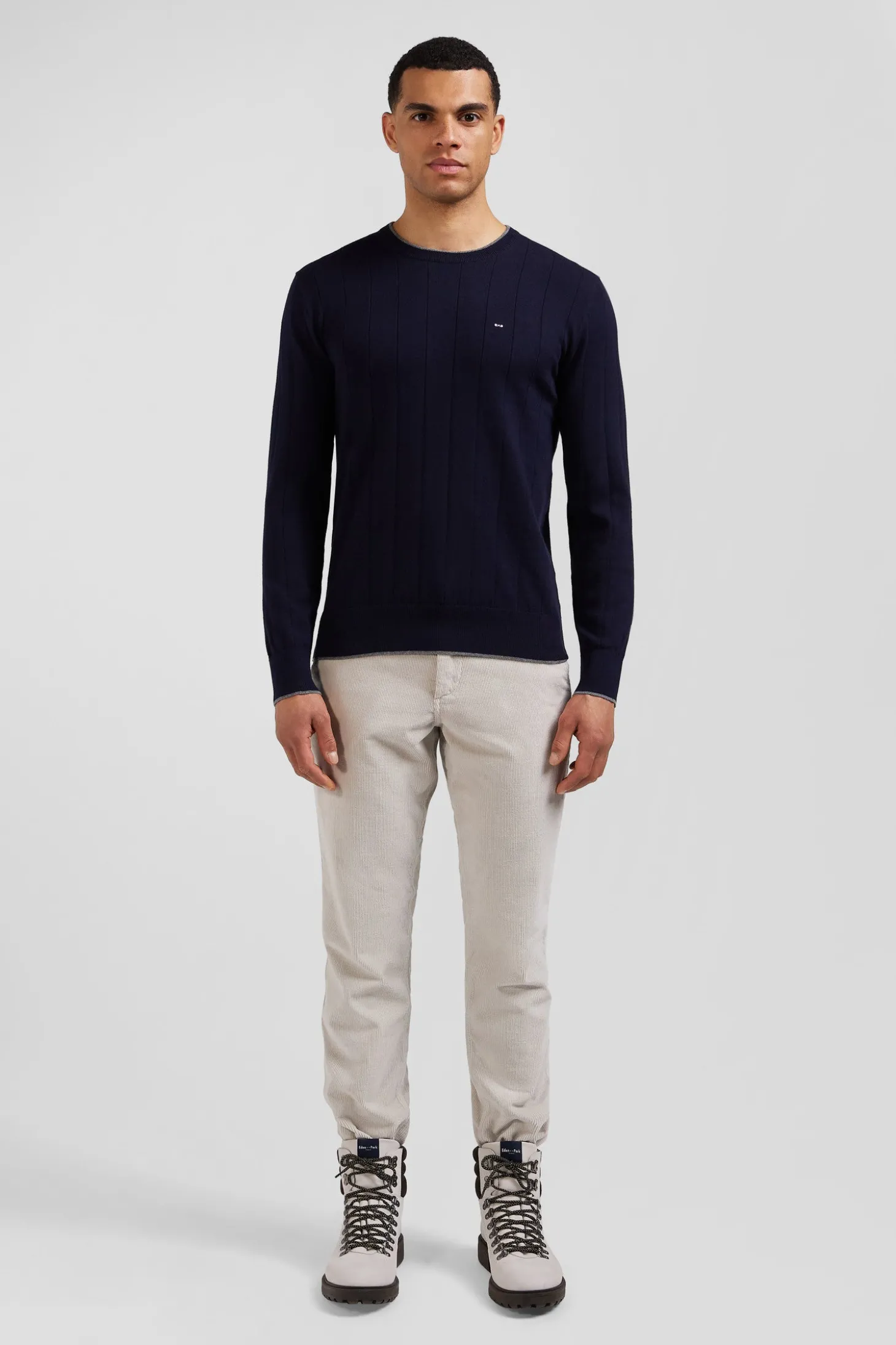Regular navy blue cotton and cashmere crew neck jumper