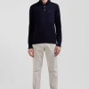 Regular navy blue cotton and cashmere jumper with rugby shirt collar