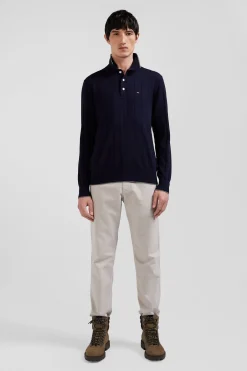 Regular navy blue cotton and cashmere jumper with rugby shirt collar