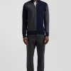 Regular navy blue cotton jumper with houndstooth jacquard and rugby shirt collar