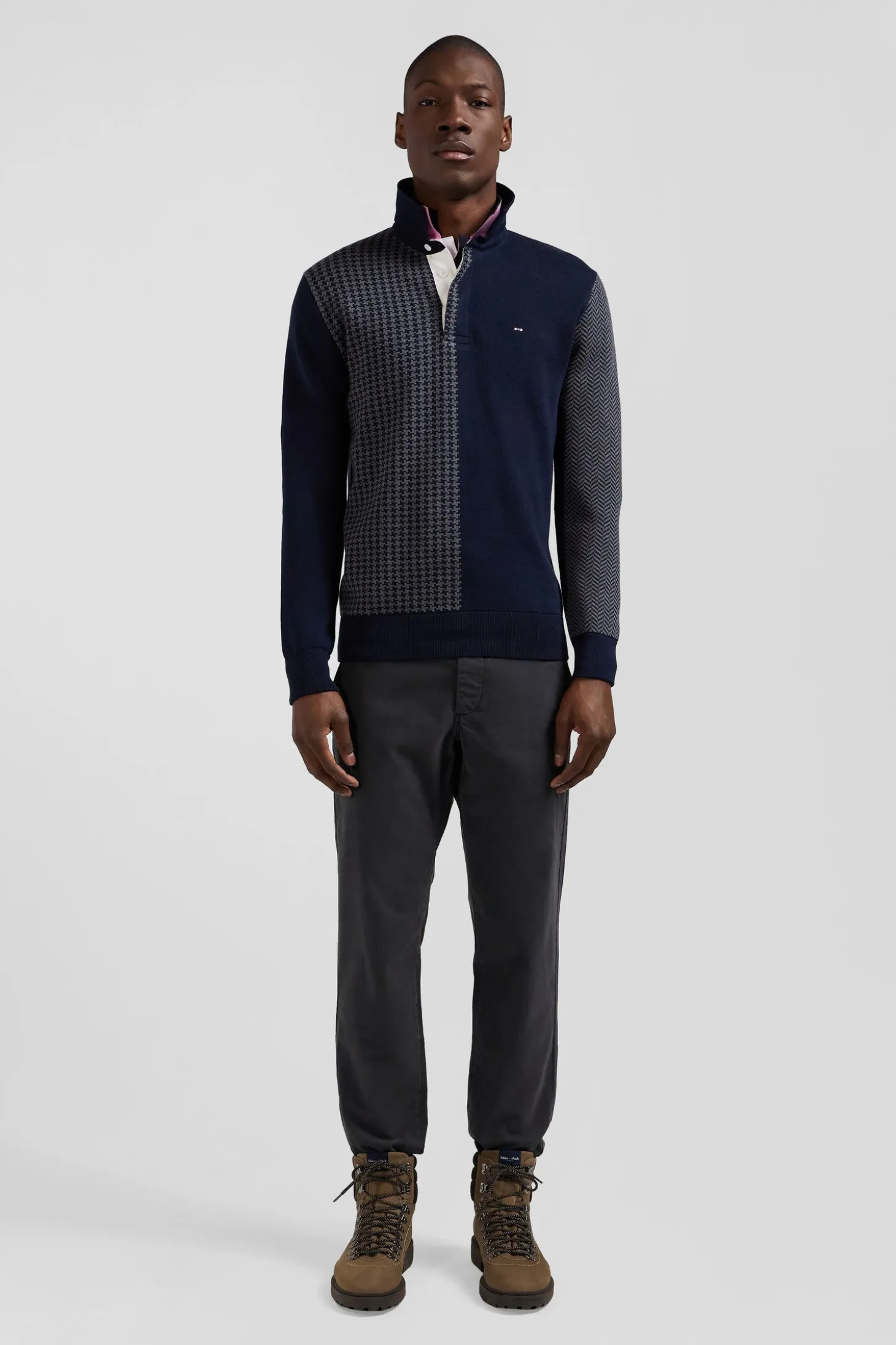 Regular navy blue cotton jumper with houndstooth jacquard and rugby shirt collar