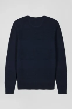 Regular navy blue cotton crew neck jumper with knit patterns
