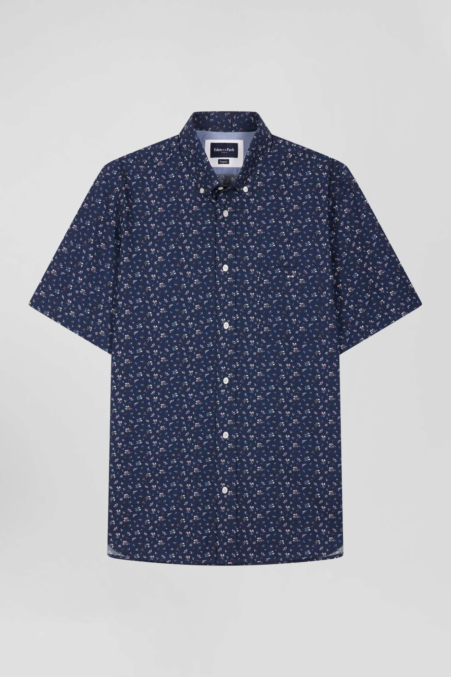 Regular navy blue cotton short-sleeved shirt with micro floral print