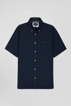 Regular navy blue cotton short-sleeved shirt with back embroidery