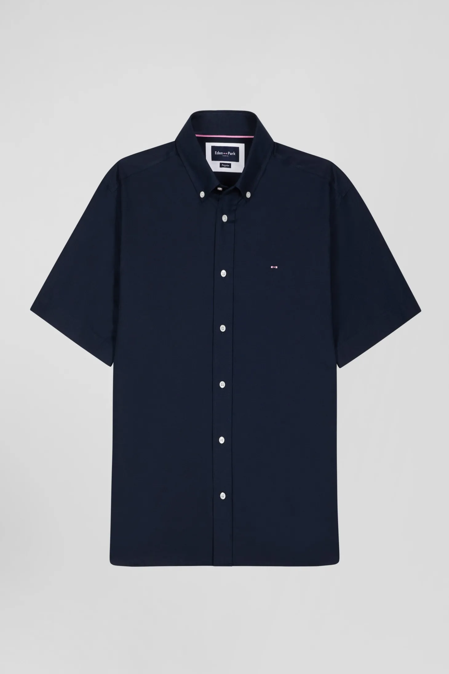 Regular navy blue cotton short-sleeved shirt with back embroidery
