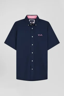 Regular navy blue cotton poplin short-sleeved shirt with microprint