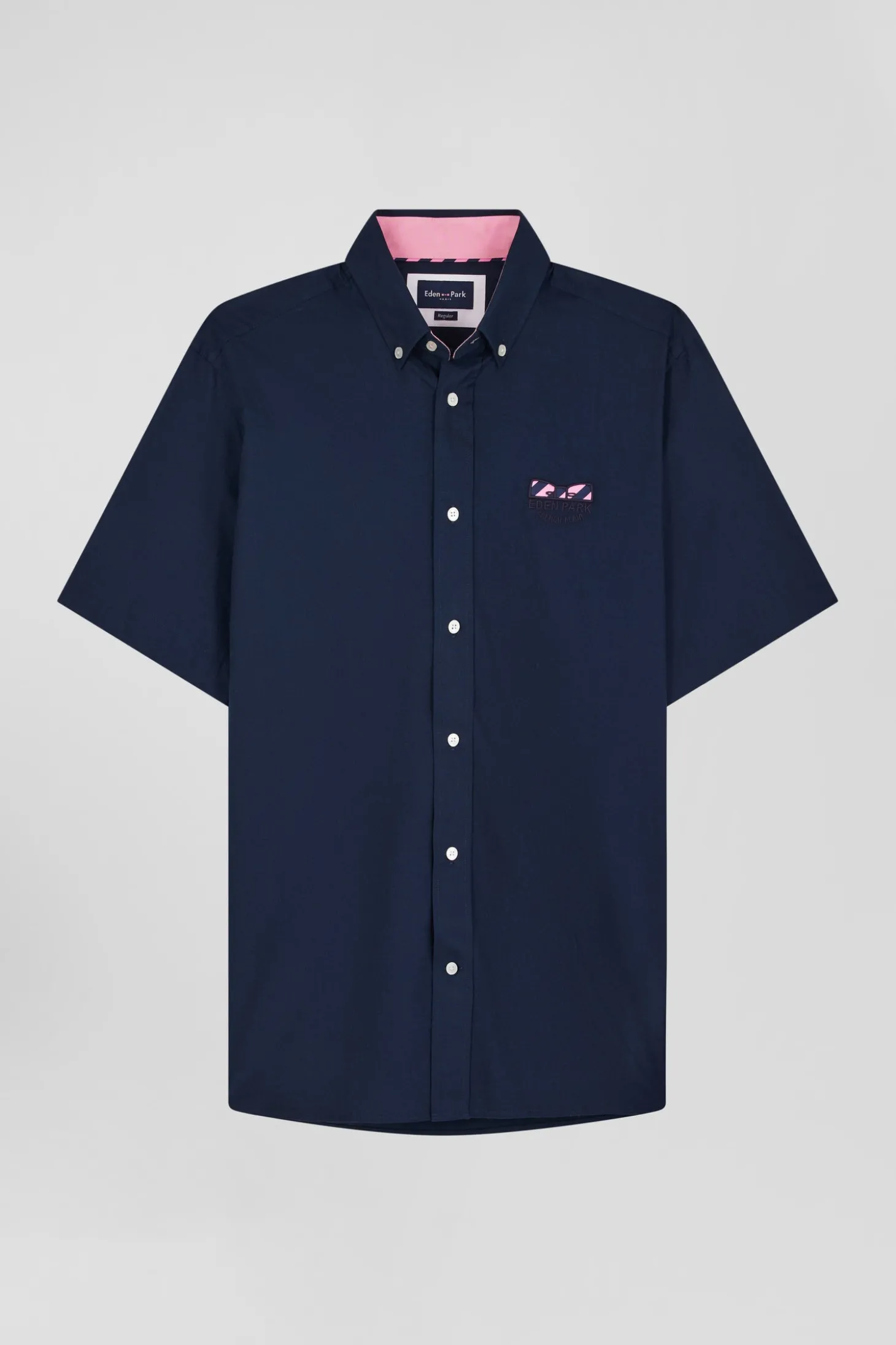 Regular navy blue cotton poplin short-sleeved shirt with microprint