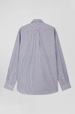 Regular navy blue cotton jacquard shirt with baton stripes