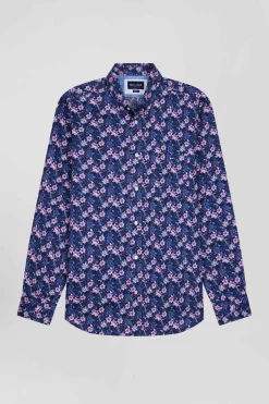 Regular navy blue cotton twill shirt with pink floral print