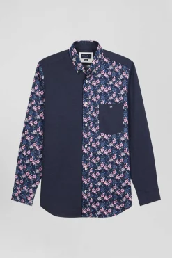 Regular navy blue cotton twill shirt with micro floral print