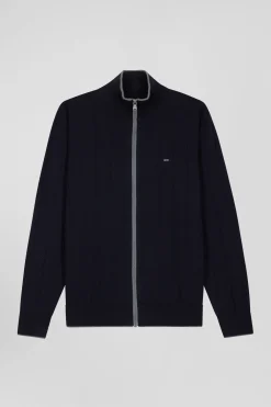 Regular navy blue cotton and cashmere zipped cardigan with vertical stripes