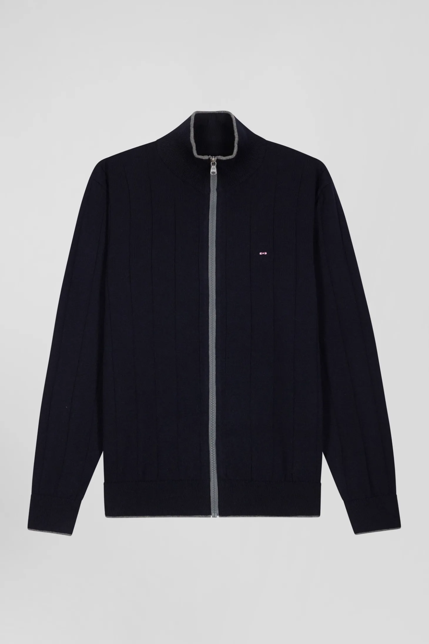 Regular navy blue cotton and cashmere zipped cardigan with vertical stripes