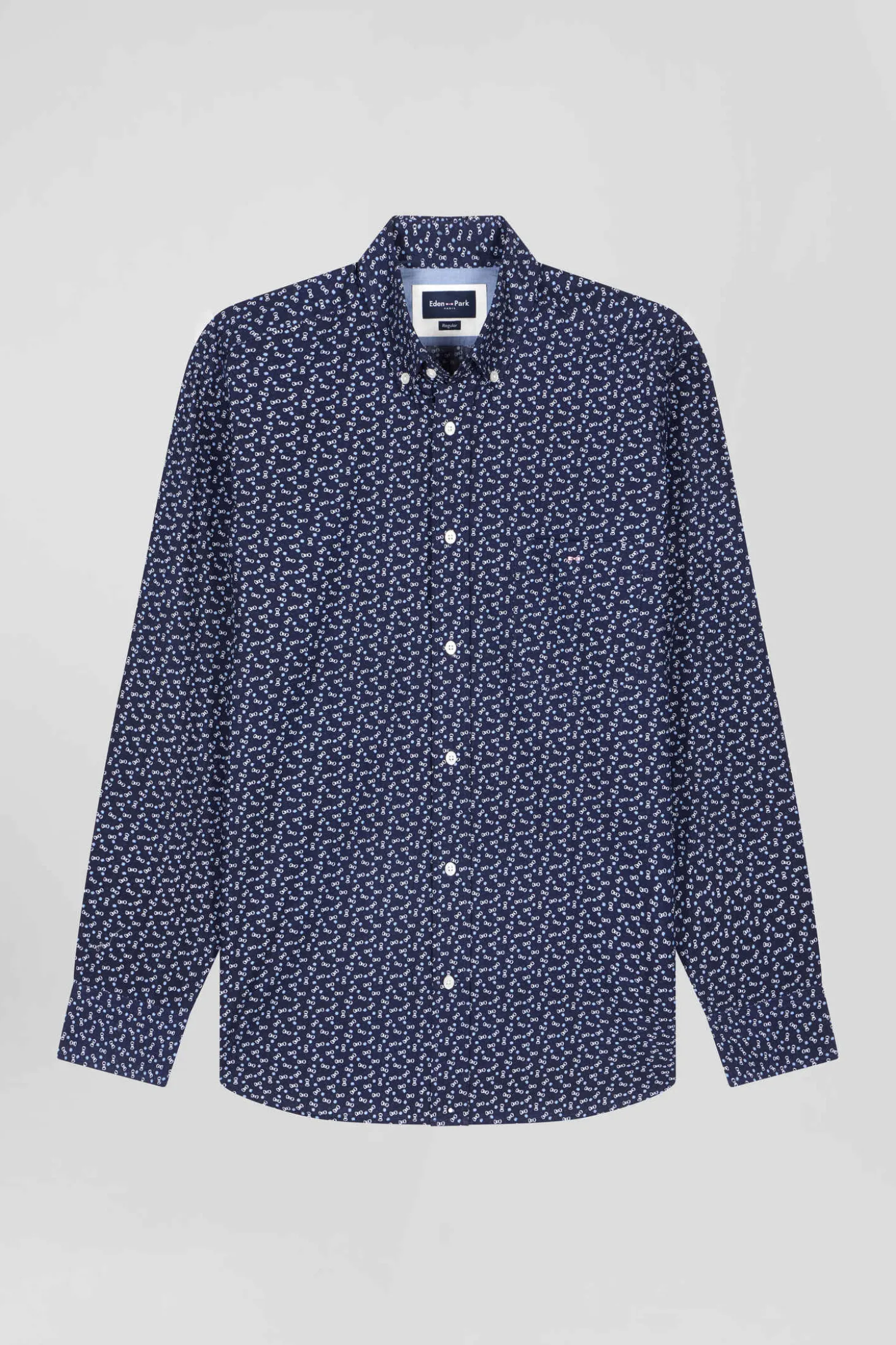 Regular navy blue cotton poplin shirt with micro bow tie print