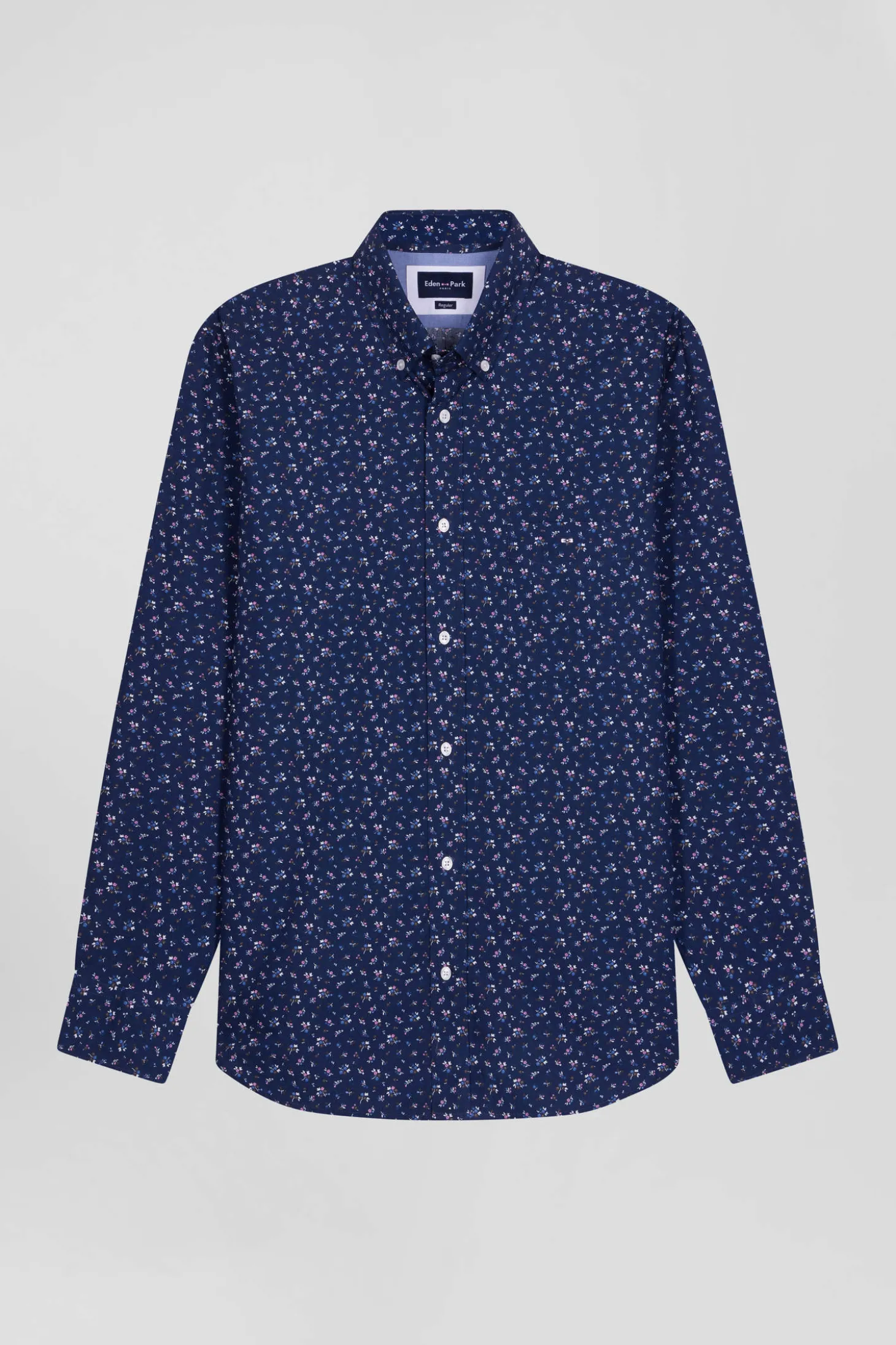 Regular navy blue cotton poplin shirt with micro floral print