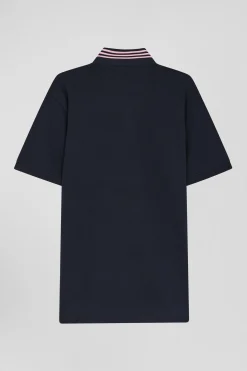 Regular navy blue cotton rugby shirt with striped undercollar