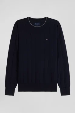 Regular navy blue cotton and cashmere crew neck jumper