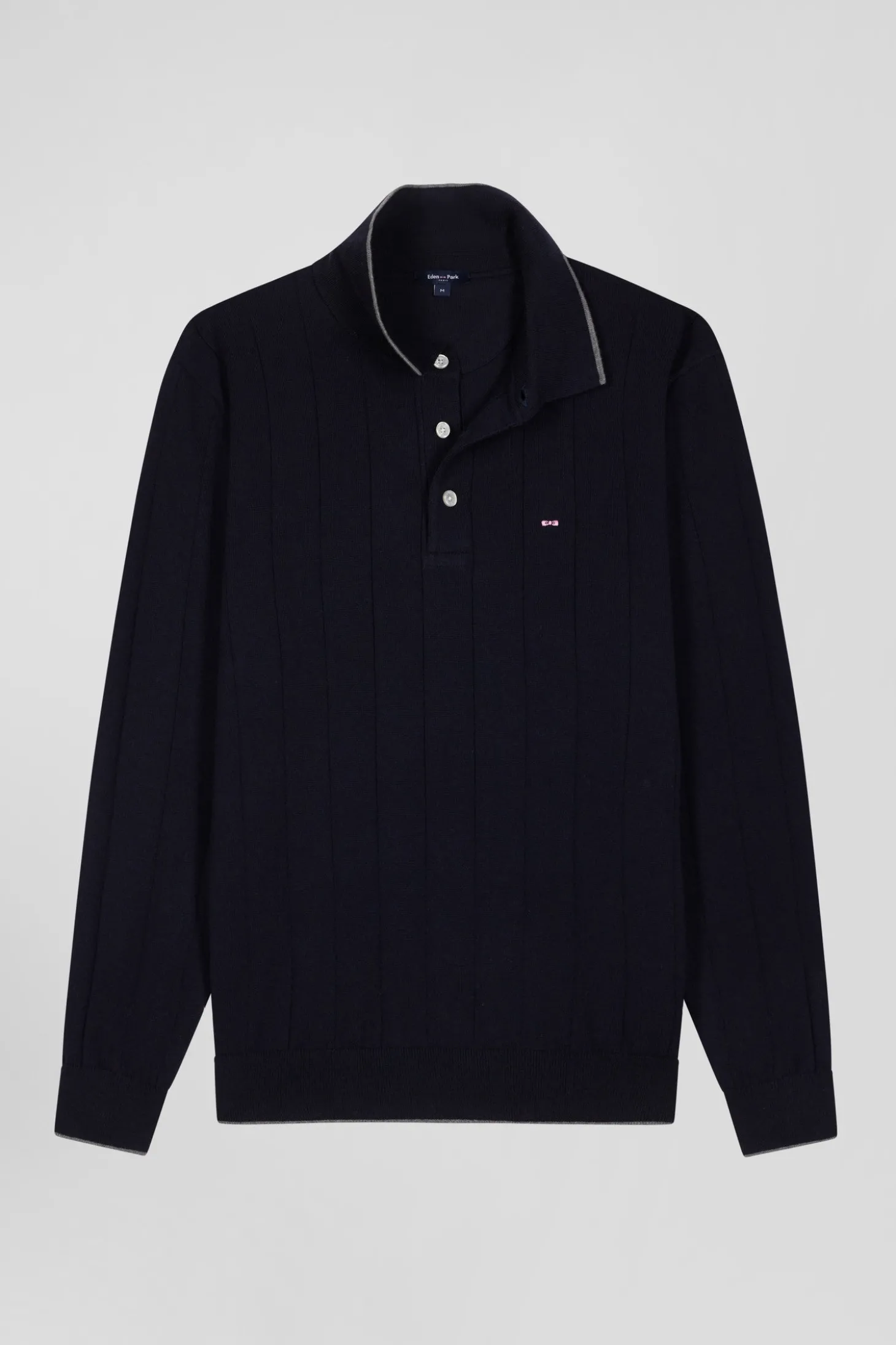 Regular navy blue cotton and cashmere jumper with rugby shirt collar