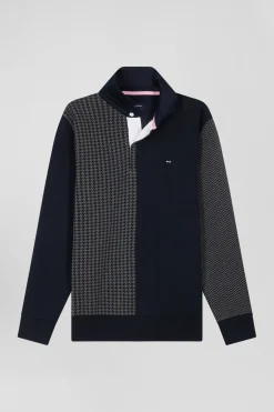 Regular navy blue cotton jumper with houndstooth jacquard and rugby shirt collar