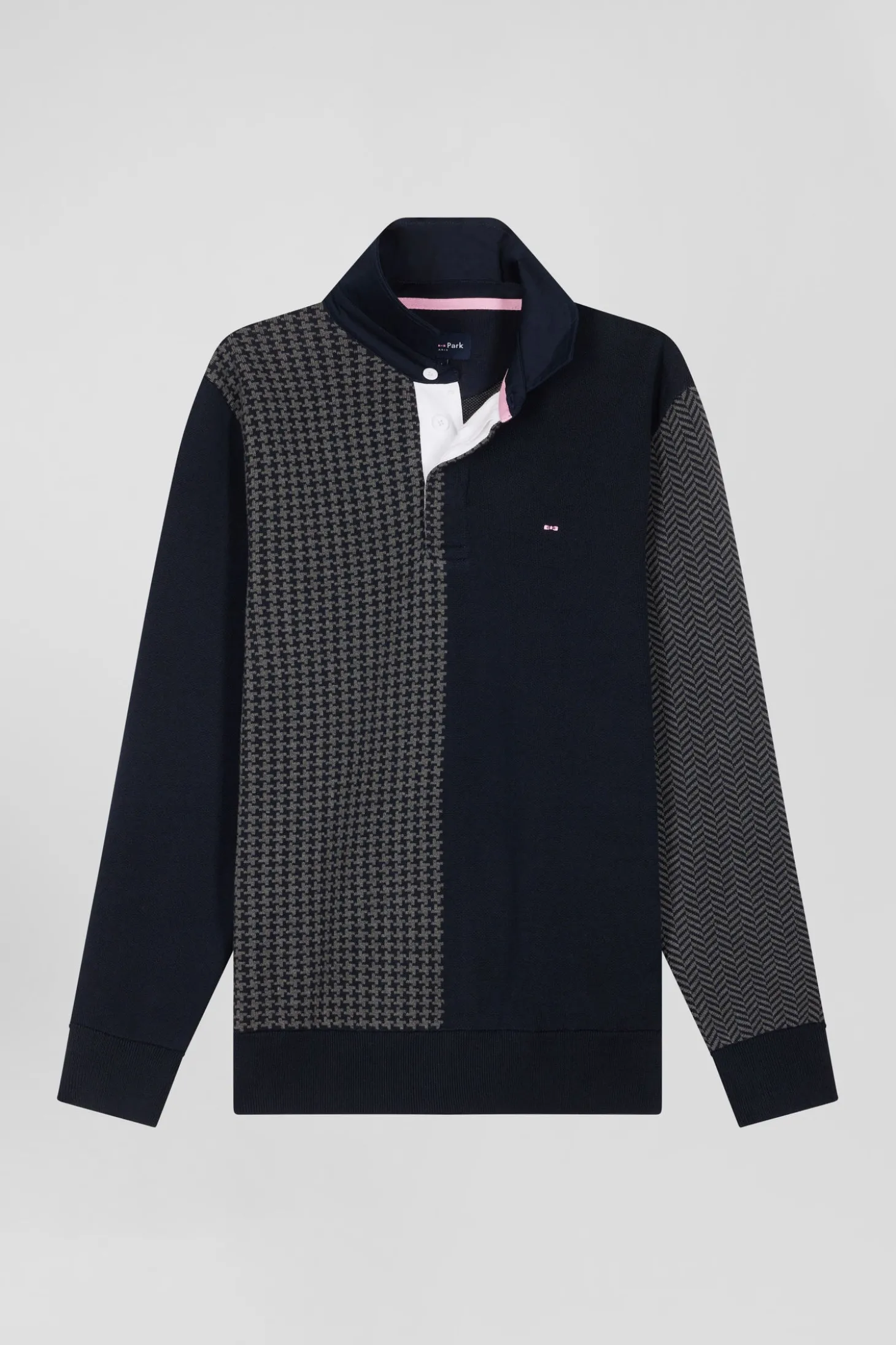 Regular navy blue cotton jumper with houndstooth jacquard and rugby shirt collar
