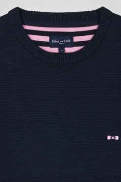 Regular navy blue cotton crew neck jumper with knit patterns