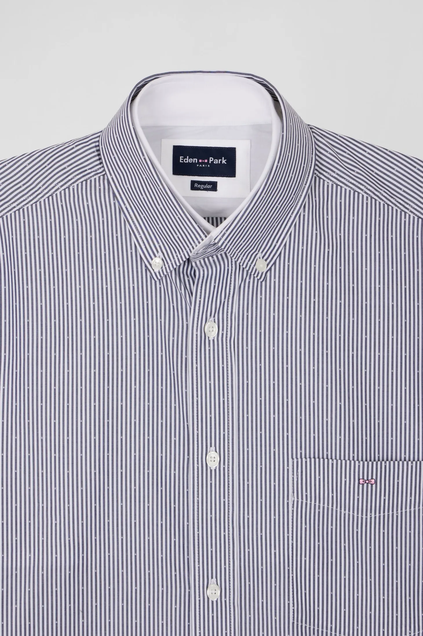 Regular navy blue cotton jacquard shirt with baton stripes