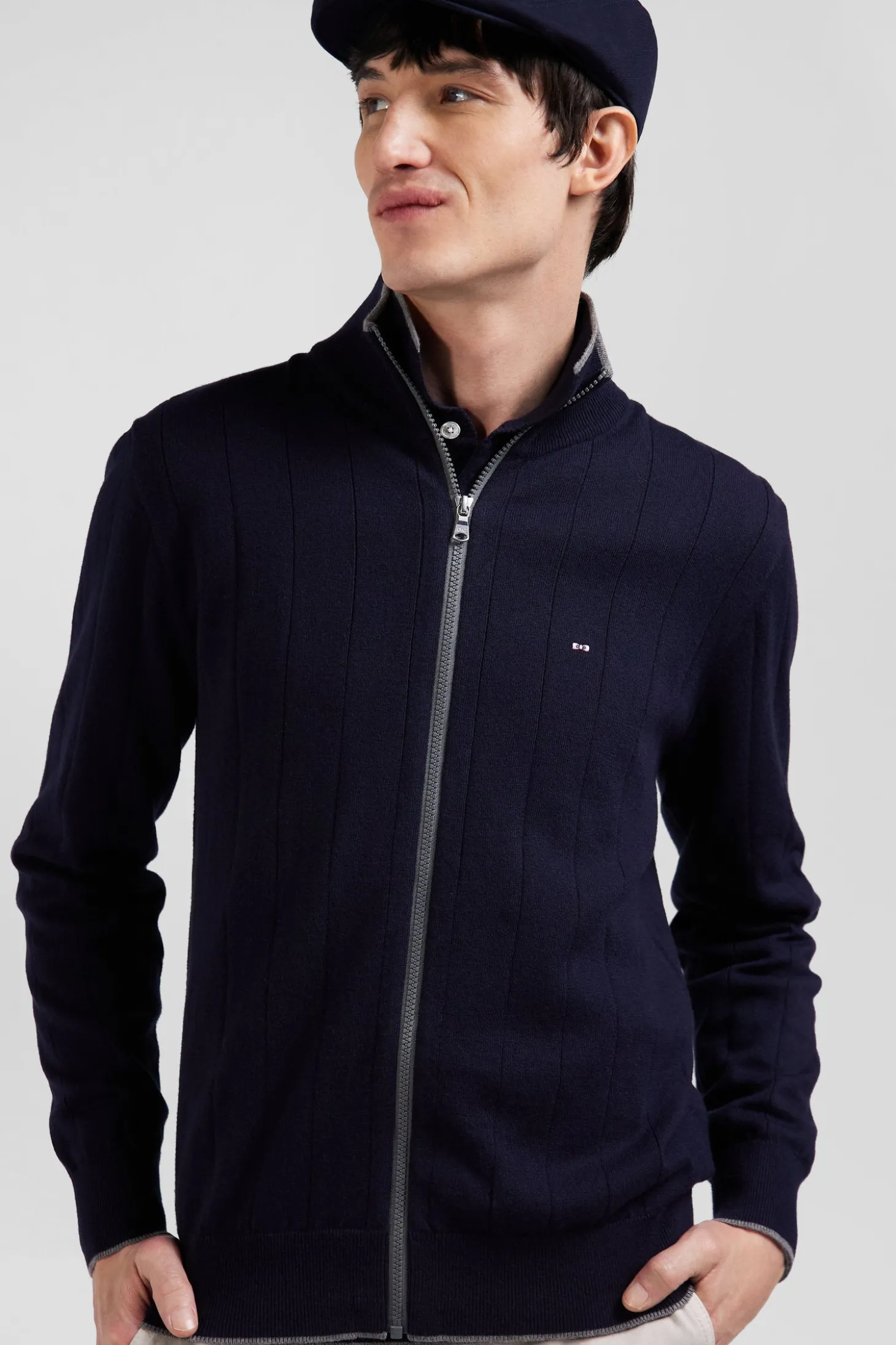 Regular navy blue cotton and cashmere zipped cardigan with vertical stripes