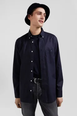 Regular navy blue cotton poplin shirt with button-down collar and printed elbow patches