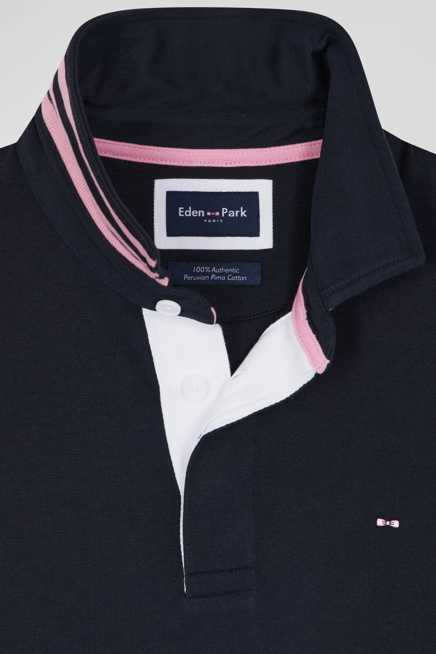 Regular navy blue cotton rugby shirt with striped undercollar